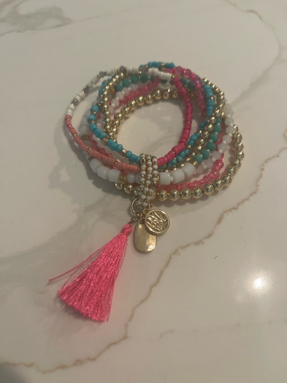 Lilly Pulitzer Pink, Turquoise & Gold Beaded Tassel Bracelet Set